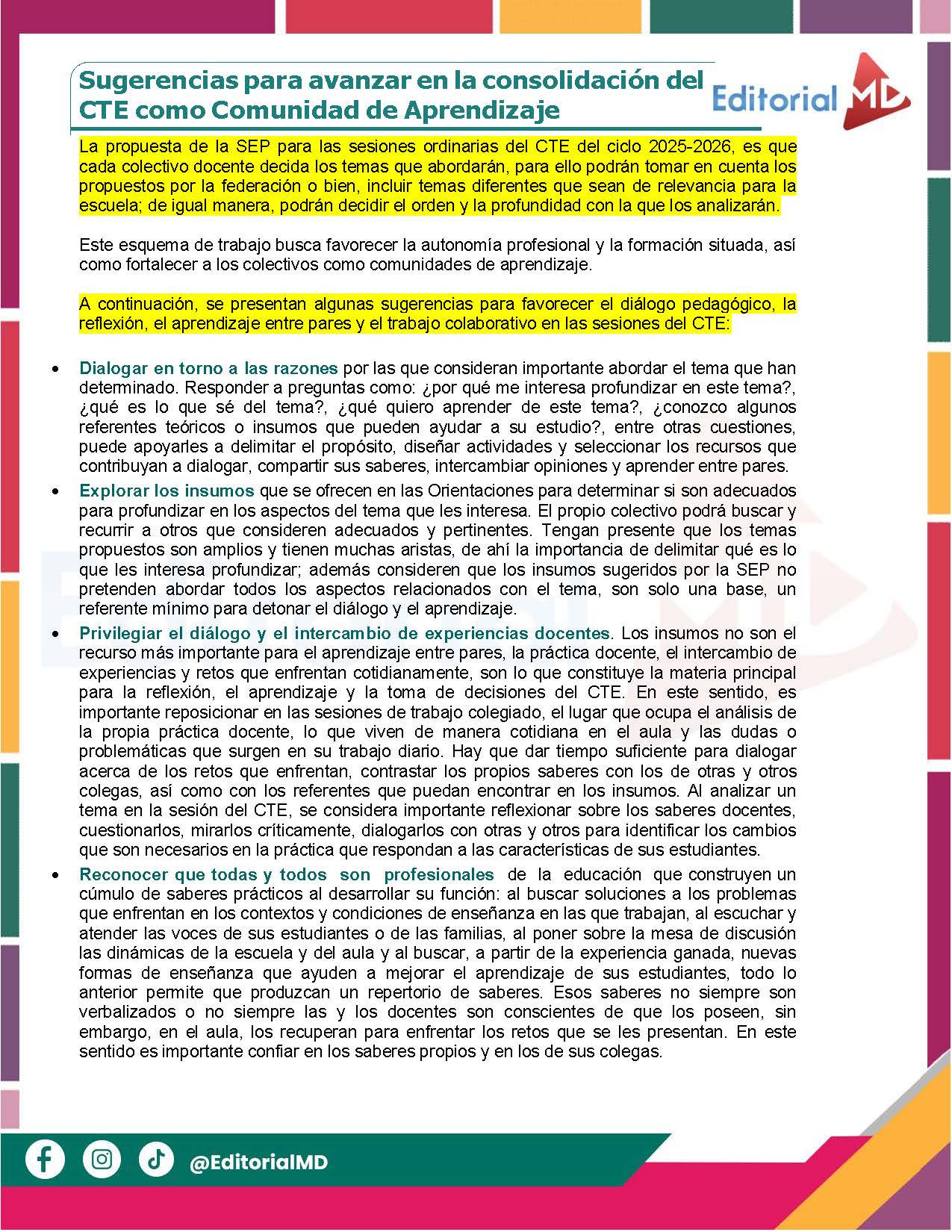 Tema 5 Contestado: Evaluación formativa CTE NEM 2025 - 2026 (Todos los Niveles) 17 Una colorida página editorial digital en español, con sugerencias para avanzar en el CTE como comunidad de aprendizaje. El texto está organizado en secciones con títulos, viñetas y frases destacadas, sobre un fondo con formas geométricas.