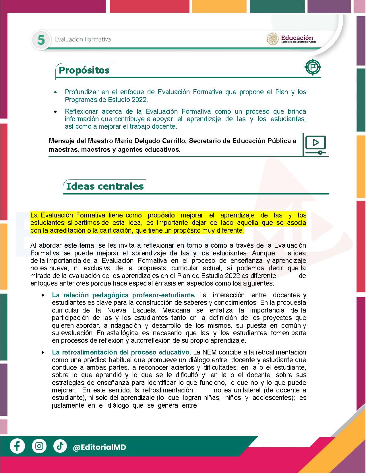 Tema 5 Contestado: Evaluación formativa CTE NEM 2025 - 2026 (Todos los Niveles) 18 Un colorido documento educativo en español titulado "Evaluación Formativa". Destaca objetivos, ideas centrales e incluye un mensaje de un Secretario de Educación, con áreas de texto clave en recuadros azules y amarillos.