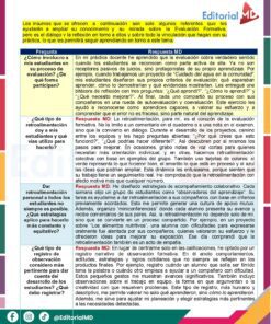 Tema 5 Contestado: Evaluación formativa CTE NEM 2025 - 2026 (Todos los Niveles) 33 Un colorido folleto educativo en español describe cómo implicar a los estudiantes en la evaluación formativa, enumerando los tipos de retroalimentación y participación, con cuadros de texto, iconos y el logotipo de Editorial MD en la parte superior derecha.