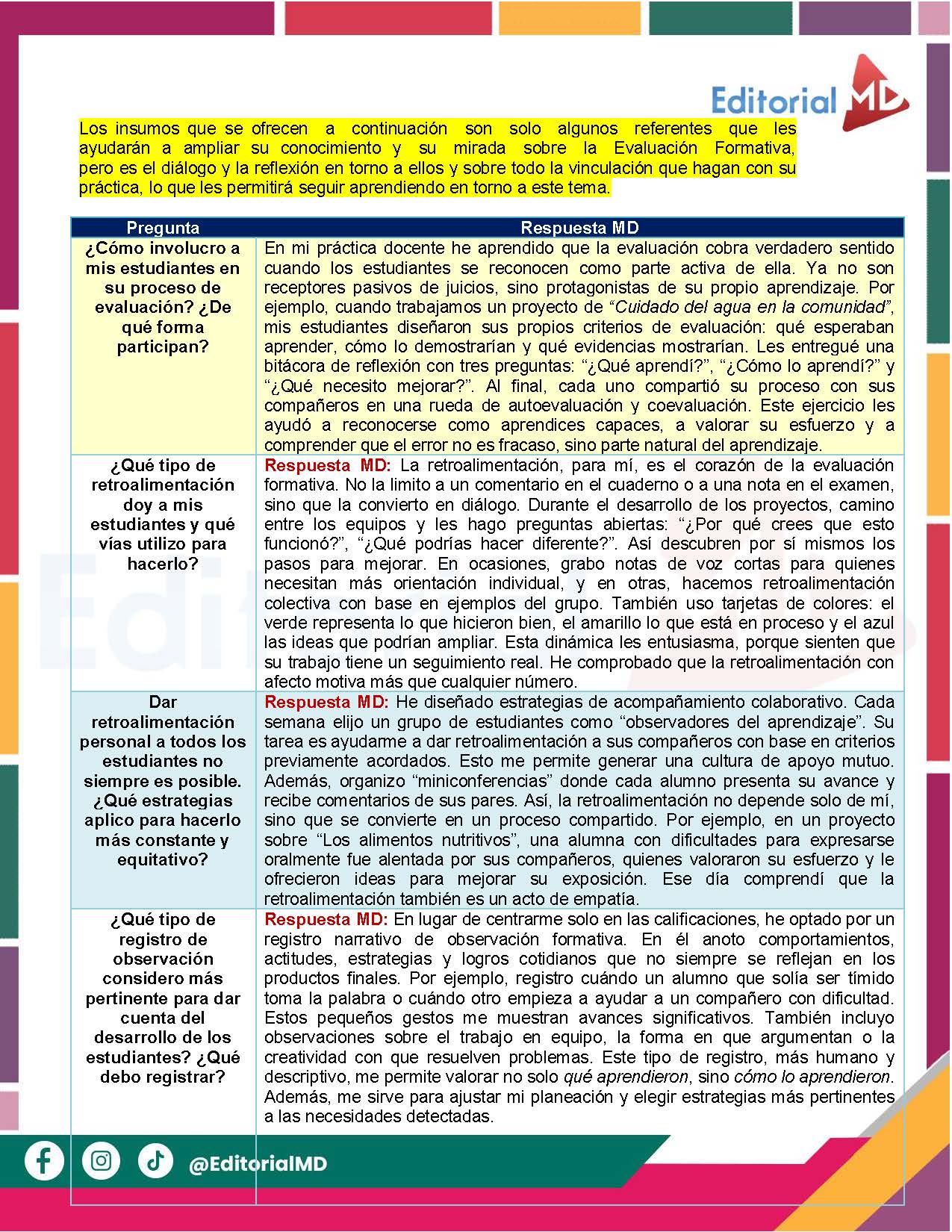 Tema 5 Contestado: Evaluación formativa CTE NEM 2025 - 2026 (Todos los Niveles) 16 Un colorido folleto educativo en español describe cómo implicar a los estudiantes en la evaluación formativa, enumerando los tipos de retroalimentación y participación, con cuadros de texto, iconos y el logotipo de Editorial MD en la parte superior derecha.