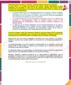 Un cartel informativo en español describe el enfoque educativo del Consejo Técnico Escolar (CTE), destacando la capacidad profesional de los profesores, la comprensión del contexto y los principios de toma de decisiones en colaboración.