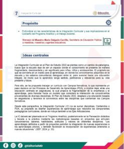 Un documento educativo en español destaca la integración curricular, su relevancia en el programa analítico, e incluye una cita de Mario Delgado Carrillo. Las ideas clave se esbozan en un recuadro azul con texto sobre un fondo de color.