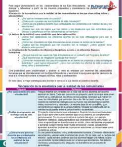 Un colorido documento educativo en español con viñetas, preguntas y texto resaltado sobre la vinculación de la enseñanza con los contextos de la vida real de los alumnos. El fondo presenta formas geométricas en rojo, azul y naranja.