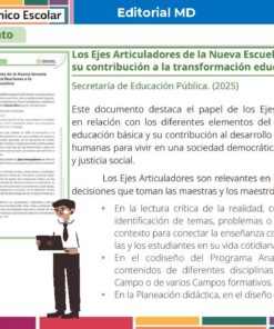 Diapositiva informativa de la Editorial MD sobre la Nueva Escuela Mexicana y su impacto en la educación, con texto, puntos resaltados y un hombre ilustrado haciendo una presentación. Combinación de colores verde, azul y blanco.