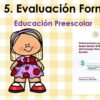 Portada de la guía educativa «Tema 5. Evaluación formativa» para educación infantil, con la ilustración de una niña y los logotipos oficiales.