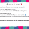 Gráfico instructivo en español que agradece una compra y explica cómo descargar y editar un PDF. Enumera los pasos para abrir el enlace, hacer clic en el icono de descarga y utilizar Adobe Reader. Advertencia: no editar directamente en el navegador.