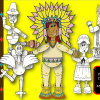 Imagen colorida de plantillas de Acción de Gracias de Marioneta de Papel que incluyen un caballero, un jefe nativo americano de Acción de Gracias, una reina, una princesa y una cigüeña, con instrucciones para imprimir, colorear, cortar y ensamblar.