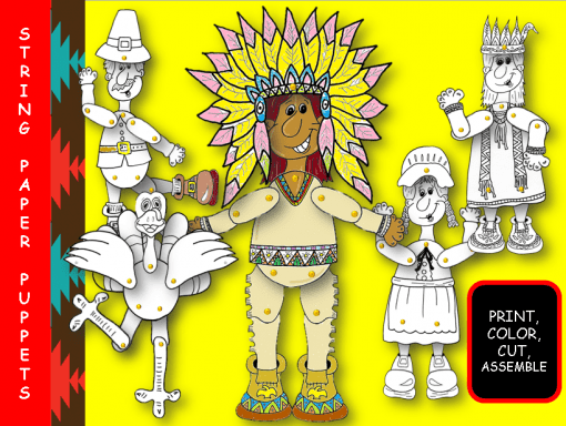 Imagen colorida de plantillas de Acción de Gracias de Marioneta de Papel que incluyen un caballero, un jefe nativo americano de Acción de Gracias, una reina, una princesa y una cigüeña, con instrucciones para imprimir, colorear, cortar y ensamblar.
