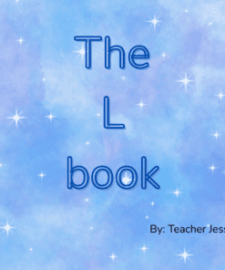 Cubierta de libro con fondo azul suave y estrellado. El texto en grande dice "El libro L". En la parte inferior derecha, hay un pequeño personaje de dibujos animados en color morado y el texto "Por: Profesor Jess.