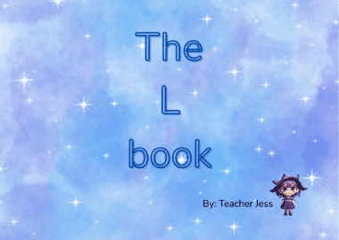 Cubierta de libro con fondo azul suave y estrellado. El texto en grande dice "El libro L". En la parte inferior derecha, hay un pequeño personaje de dibujos animados en color morado y el texto "Por: Profesor Jess.