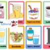 Un collage de imágenes etiquetadas que muestran: perfume, limonada, yogur de frutas, café solo, agua con aceite, ensalada, agua con alcohol y acero, cada una en una caja de colores con texto en español.
