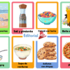 Un collage con imágenes etiquetadas: playa con arena y conchas, molinillo de sal y pimienta, bol de cereales con leche, papelera, lata de leche condensada, sopa de verduras, galletas de chocolate y una pizza.