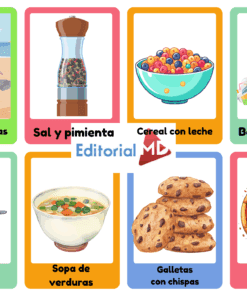 Tarjetas de Tipos de Mezclas 4 Un collage con imágenes etiquetadas: playa con arena y conchas, molinillo de sal y pimienta, bol de cereales con leche, papelera, lata de leche condensada, sopa de verduras, galletas de chocolate y una pizza.