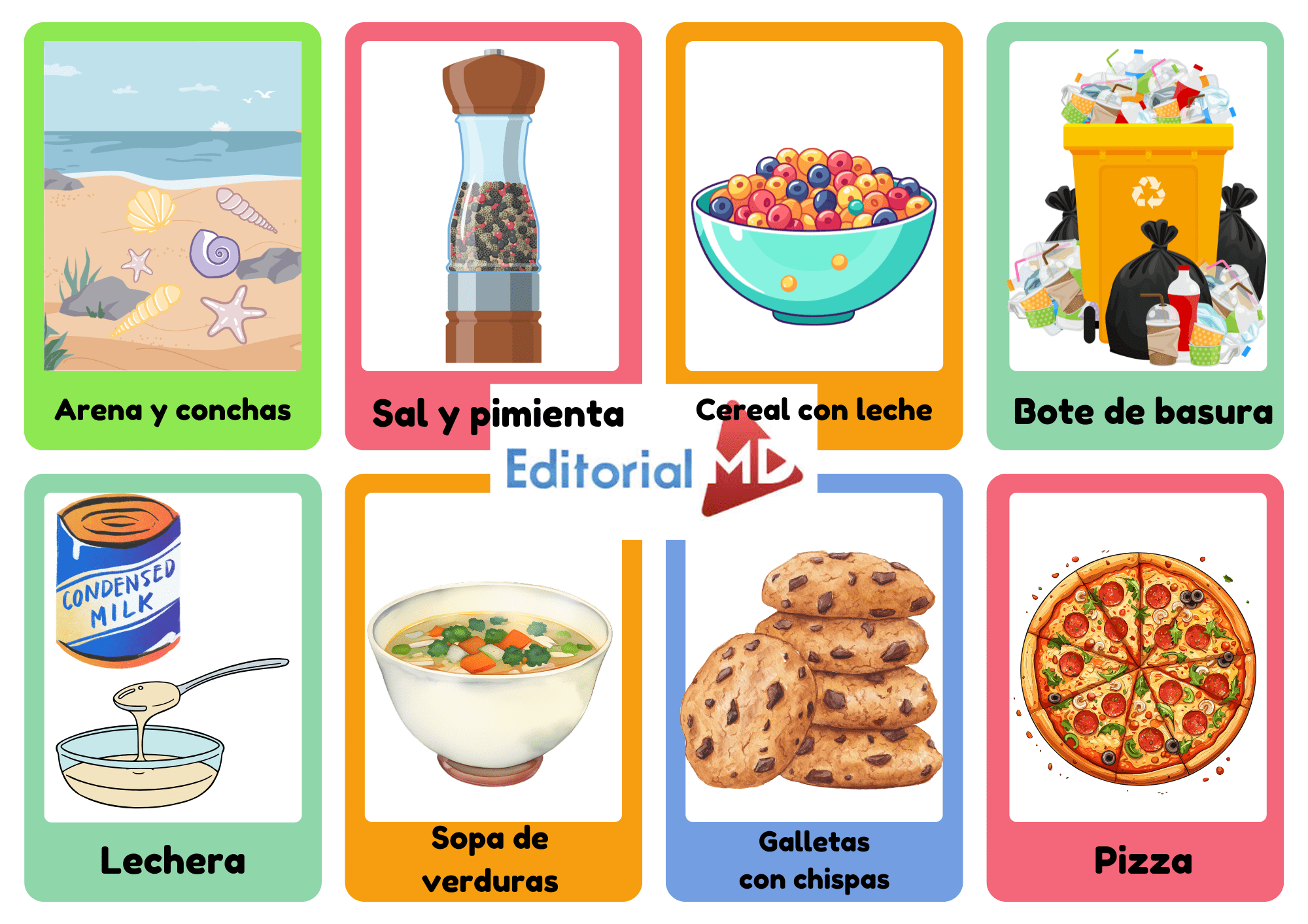 Tarjetas de Tipos de Mezclas 2 Un collage con imágenes etiquetadas: playa con arena y conchas, molinillo de sal y pimienta, bol de cereales con leche, papelera, lata de leche condensada, sopa de verduras, galletas de chocolate y una pizza.