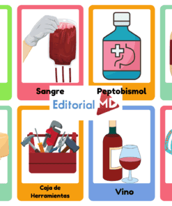 Tarjetas de Tipos de Mezclas 5 Una cuadrícula de tarjetas de colores que muestran imágenes de una botella de refresco, una bolsa de sangre, Pepto-Bismol, mayonesa, una pastilla de jabón, una caja de herramientas, una botella de vino con un vaso y un tazón de caldo de pollo, cada una etiquetada en español.
