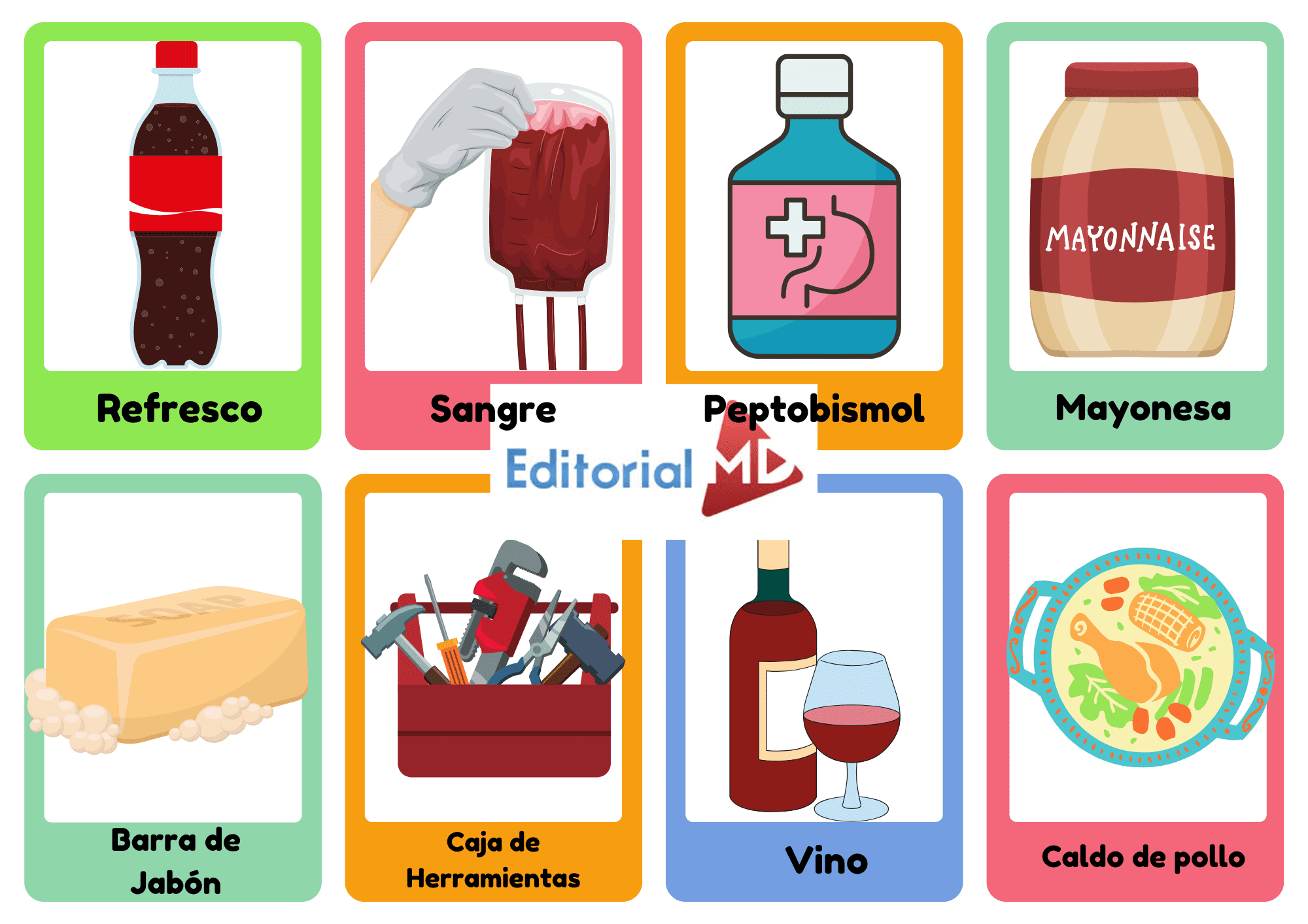 Tarjetas de Tipos de Mezclas 3 Una cuadrícula de tarjetas de colores que muestran imágenes de una botella de refresco, una bolsa de sangre, Pepto-Bismol, mayonesa, una pastilla de jabón, una caja de herramientas, una botella de vino con un vaso y un tazón de caldo de pollo, cada una etiquetada en español.
