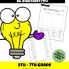 Ilustración de la portada de una lección sobre **El sustantivo y sus tipos. Lección y actividades**, con un personaje de dibujos animados de bombilla y hojas de trabajo. Los títulos resaltan tipos de sustantivos y diversas actividades. El texto en la parte inferior indica que es para 5to a 7mo grado, creado por La Profe de Letras.