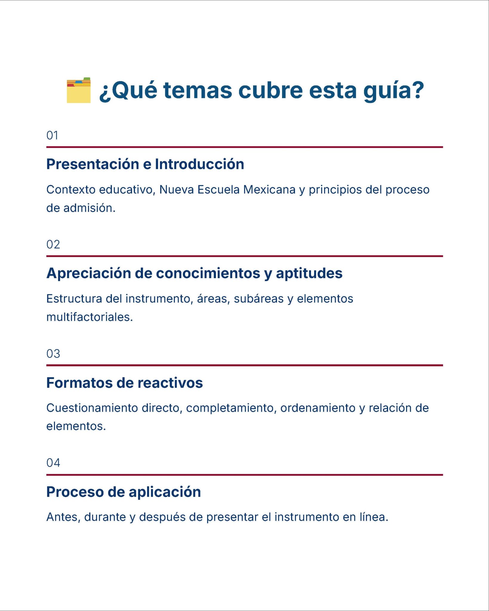 Guía de Estudio Admisión ARTES Educación Secundaria- USICAMM 2026 - 2027 + (Simulador 90 Reactivos) 23 Imagen de la página de contenidos de una guía en español con cuatro secciones: Introducción, Apreciación de conocimientos y habilidades, Tipos de artículos y Proceso de aplicación, cada uno de ellos descrito brevemente bajo epígrafes numerados.