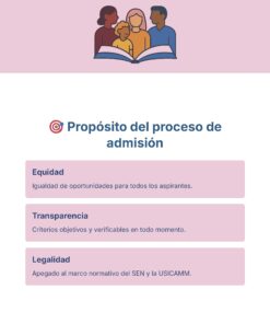 Guía de Estudio Admisión ARTES Educación Secundaria- USICAMM 2026 - 2027 + (Simulador 90 Reactivos) 42 Ilustración de cuatro personas diversas sobre tres recuadros etiquetados que describen el propósito del proceso de admisión: equidad (igualdad de oportunidades), transparencia (criterios objetivos y verificables) y legalidad (cumplimiento de la normativa SEN y USICAMM).