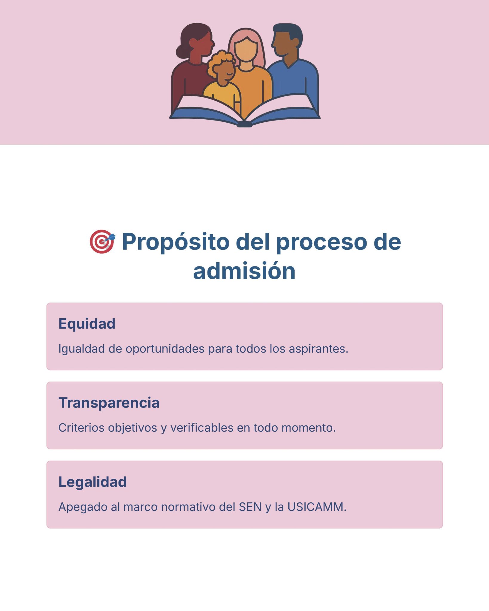 Guía de Estudio Admisión ARTES Educación Secundaria- USICAMM 2026 - 2027 + (Simulador 90 Reactivos) 20 Ilustración de cuatro personas diversas sobre tres recuadros etiquetados que describen el propósito del proceso de admisión: equidad (igualdad de oportunidades), transparencia (criterios objetivos y verificables) y legalidad (cumplimiento de la normativa SEN y USICAMM).