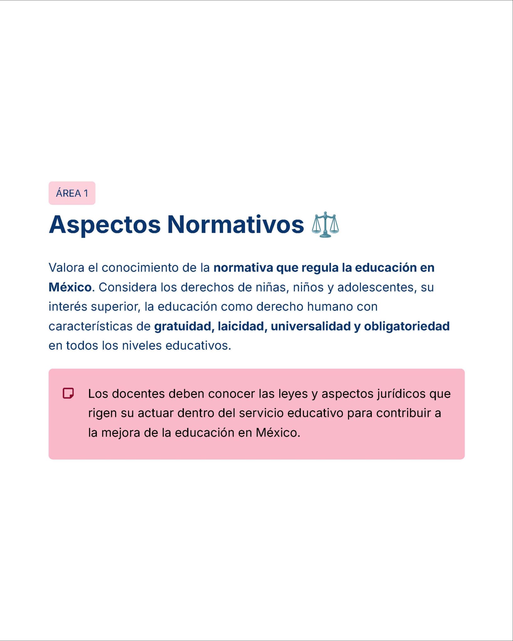Guía de Estudio Admisión ARTES Educación Secundaria- USICAMM 2026 - 2027 + (Simulador 90 Reactivos) 14 Sección de un documento digital titulado "Aspectos Normativos" con un ícono de escala. Analiza las leyes que regulan la educación en México y destaca la importancia de que los docentes conozcan los aspectos legales para mejorar los servicios educativos.