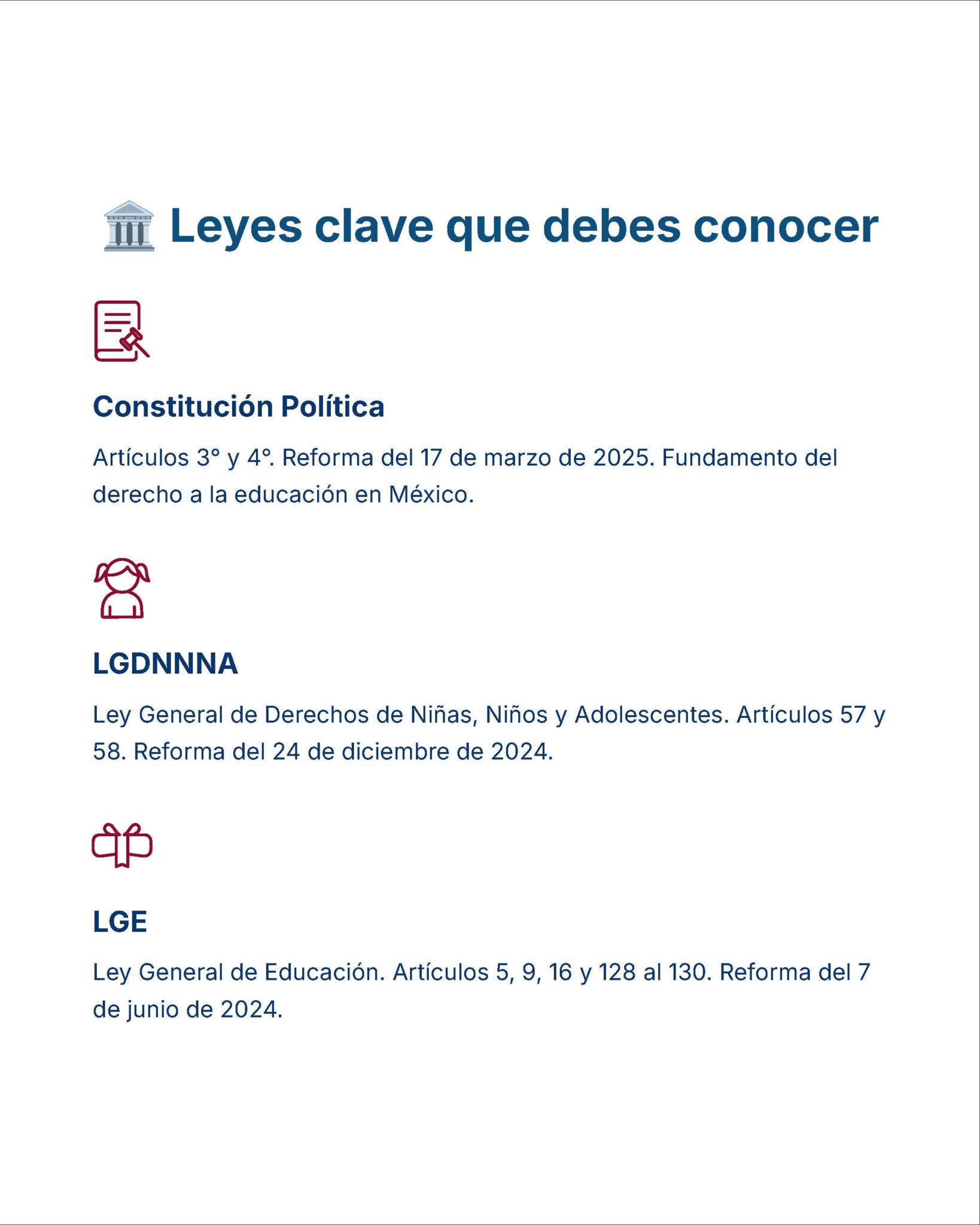 Guía de Estudio Admisión ARTES Educación Secundaria- USICAMM 2026 - 2027 + (Simulador 90 Reactivos) 13 Documento que enlista las principales leyes mexicanas en materia de educación, incluyendo la Constitución, la LGDNNA y la LGE, con breves descripciones e íconos al lado de cada una. El fondo es blanco con texto en azul y rojo.
