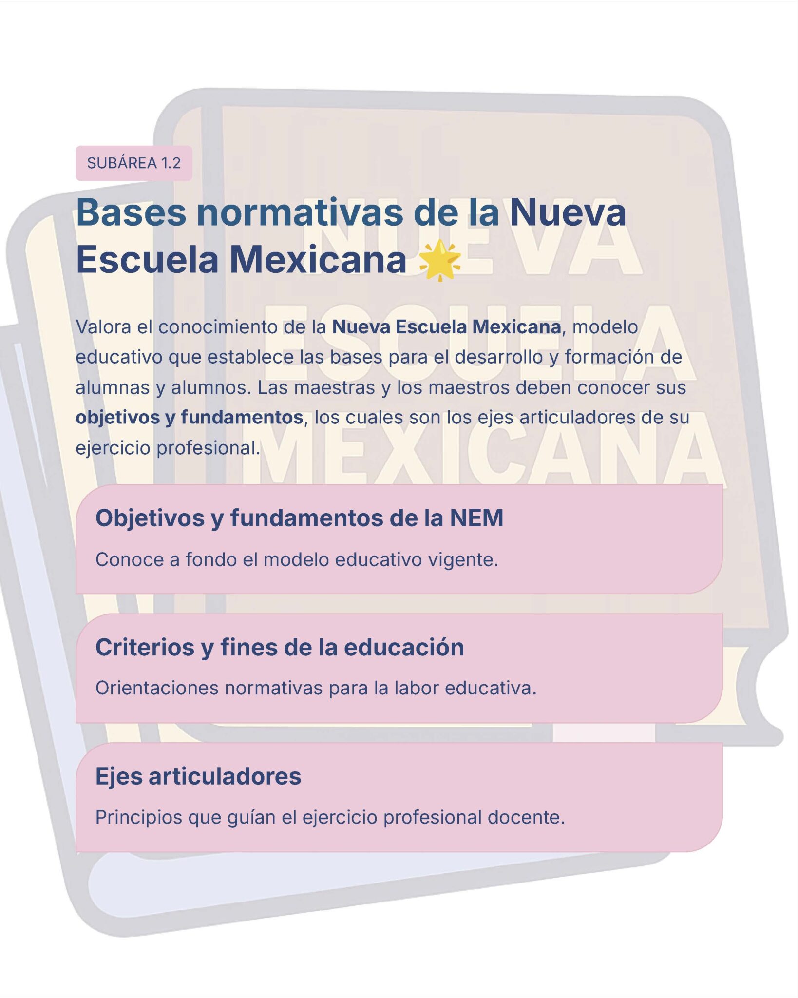 Guía de Estudio Admisión ARTES Educación Secundaria- USICAMM 2026 - 2027 + (Simulador 90 Reactivos) 11 Infografía educativa en español titulada "Bases normativas de la Nueva Escuela Mexicana" con tres secciones: Objetivos y fundamentos de la NEM, Criterios y fines de la educación, y Ejes articuladores.