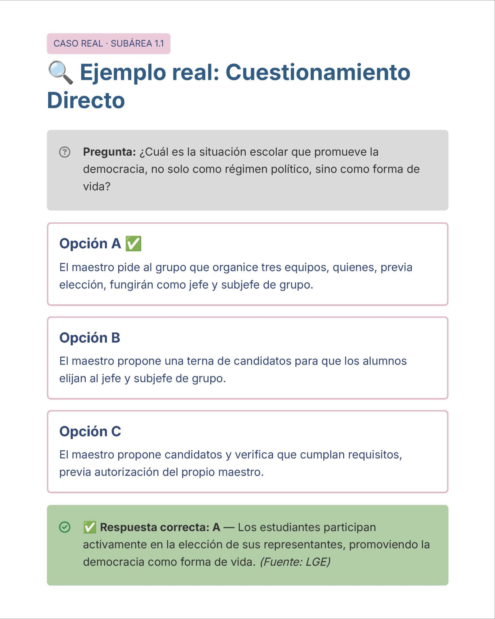 Guía de Estudio Admisión ARTES Educación Secundaria- USICAMM 2026 - 2027 + (Simulador 90 Reactivos) 9 Un gráfico educativo en español presenta un caso real sobre el interrogatorio directo. Pregunta cómo se promueve la democracia en las escuelas, da tres opciones de respuesta (A, B, C) y destaca la opción A como respuesta correcta en un recuadro verde.