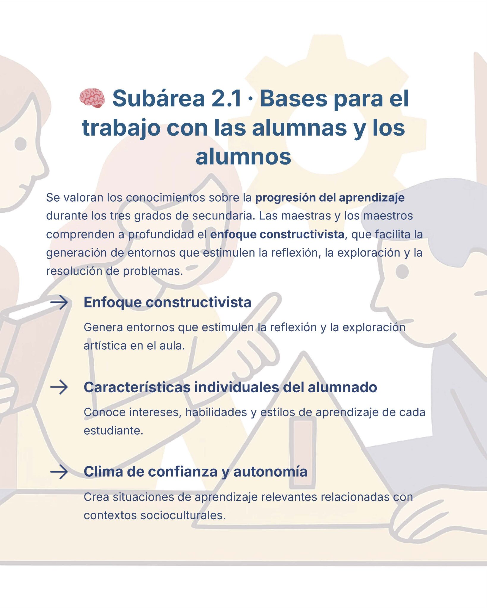 Guía de Estudio Admisión ARTES Educación Secundaria- USICAMM 2026 - 2027 + (Simulador 90 Reactivos) 8 Una infografía educativa en español titulada "Subárea 2.1. Bases para el trabajo con las alumnas y los alumnos: Bases para el trabajo con las alumnas y los alumnos" destaca los enfoques constructivistas, las características individuales y el papel de la confianza y la autonomía en el aprendizaje.
