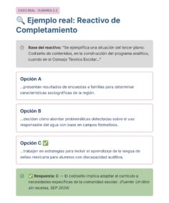 Guía de Estudio Admisión ARTES Educación Secundaria- USICAMM 2026 - 2027 + (Simulador 90 Reactivos) 26 Una infografía educativa en español esboza un caso práctico sobre la adaptación de contenidos curriculares. Presenta tres opciones, destacando la opción C como correcta, con casillas de verificación y notas explicativas en recuadros de color.