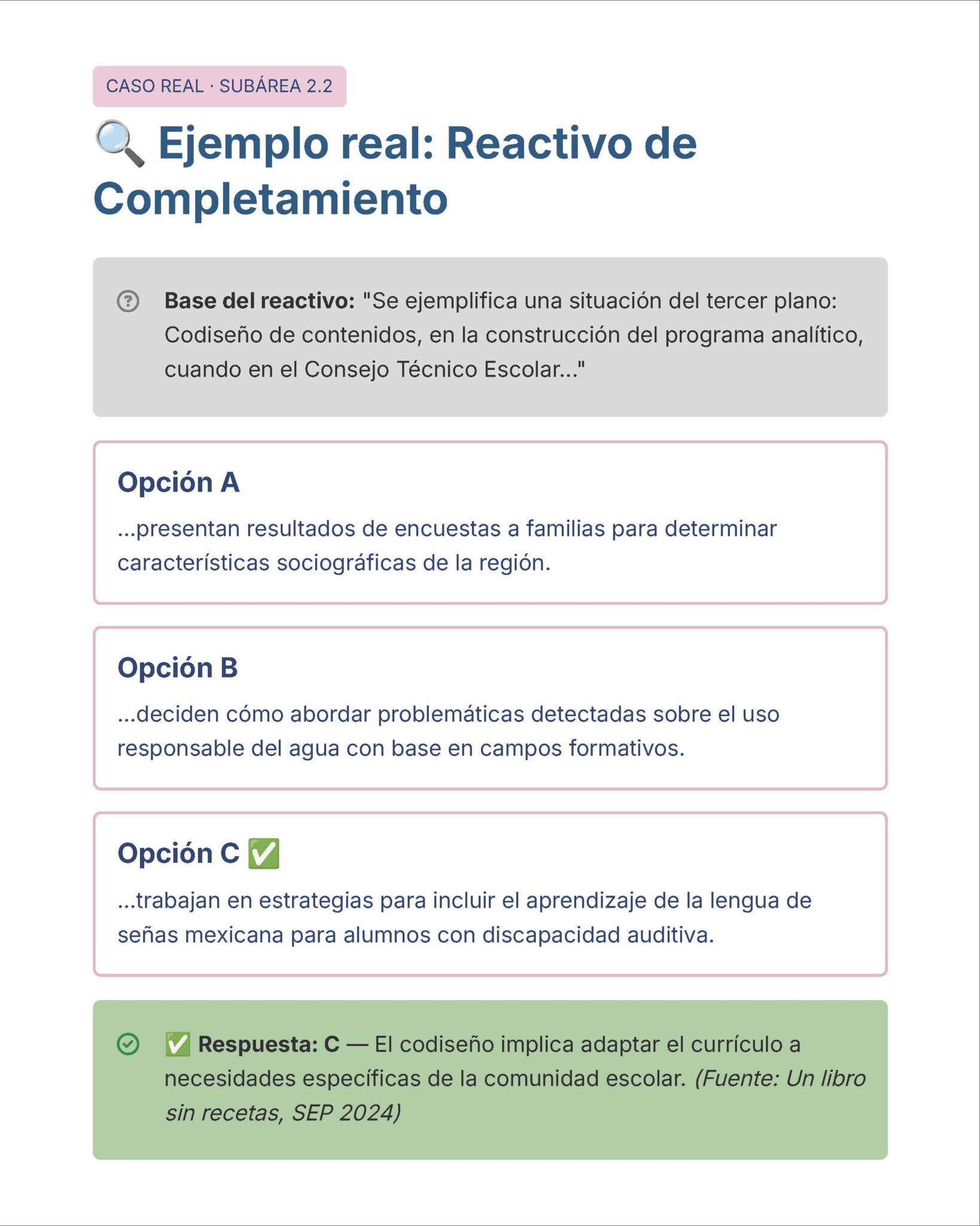 Guía de Estudio Admisión ARTES Educación Secundaria- USICAMM 2026 - 2027 + (Simulador 90 Reactivos) 4 Una infografía educativa en español esboza un caso práctico sobre la adaptación de contenidos curriculares. Presenta tres opciones, destacando la opción C como correcta, con casillas de verificación y notas explicativas en recuadros de color.