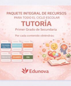 Gráfico promocional del completo paquete de recursos de tutoría de Edunova para primer curso de secundaria, en el que se enumeran elementos como el programa analítico, la planificación, los proyectos, los exámenes y la EIA, con iconos de colores y una ilustración de un libro abierto.
