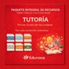 Gráfico promocional en rojo para el paquete integral de recursos escolares de Edunova para estudiantes de primer curso de secundaria. Los iconos representan programa analítico, planificación, proyecto, examen, EIA y una ilustración de aprendizaje con símbolos y libros.