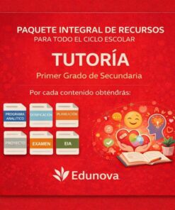 Gráfico promocional en rojo para el paquete integral de recursos escolares de Edunova para estudiantes de primer curso de secundaria. Los iconos representan programa analítico, planificación, proyecto, examen, EIA y una ilustración de aprendizaje con símbolos y libros.