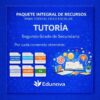 Gráfico azul para los recursos de tutoría de Edunova para segundo de secundaria, que muestra iconos de libros, carpetas, ordenador, examen y proyecto, con texto que enumera tipos de recursos como programa analítico y examen.