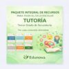 Folleto promocional del paquete de tutorías de Edunova para tercer curso de secundaria, que muestra iconos de programa analítico, planificación, proyecto, examen y otros recursos, con un libro abierto e ilustraciones relacionadas con la educación.
