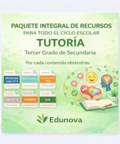 Folleto promocional del paquete de tutorías de Edunova para tercer curso de secundaria, que muestra iconos de programa analítico, planificación, proyecto, examen y otros recursos, con un libro abierto e ilustraciones relacionadas con la educación.