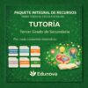 Anuncio en verde de los recursos de tutoría de Edunova para alumnos de tercero de secundaria. Los iconos muestran carpetas etiquetadas como programa, planificación, proyecto, examen y análisis; un libro abierto con ilustraciones de corazones, bombillas y plantas.