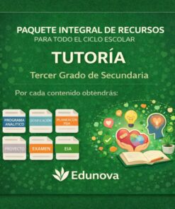 Anuncio en verde de los recursos de tutoría de Edunova para alumnos de tercero de secundaria. Los iconos muestran carpetas etiquetadas como programa, planificación, proyecto, examen y análisis; un libro abierto con ilustraciones de corazones, bombillas y plantas.
