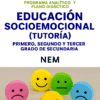 Cinco caritas redondas de juguete con distintas emociones -feliz, neutro y triste- están sobre una superficie clara, debajo de un texto sobre un programa de educación emocional para alumnos de primero a tercero de secundaria de Nueva Escuela Mexicana.