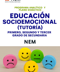 Cinco caritas redondas de juguete con distintas emociones -feliz, neutro y triste- están sobre una superficie clara, debajo de un texto sobre un programa de educación emocional para alumnos de primero a tercero de secundaria de Nueva Escuela Mexicana.