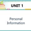 Diapositiva educativa titulada "Unidad 1: Información personal" con un borde decorativo. En la esquina superior izquierda se ilustra una pequeña pila de libros con una manzana, un lápiz y un caramelo.