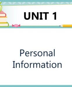 Diapositiva educativa titulada "Unidad 1: Información personal" con un borde decorativo. En la esquina superior izquierda se ilustra una pequeña pila de libros con una manzana, un lápiz y un caramelo.