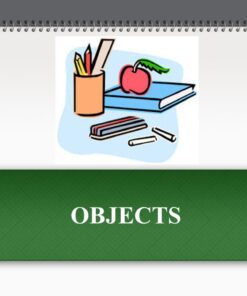 Ilustración de un portalápices con lápices de colores, una goma de borrar y un libro. Sobre el libro se coloca una manzana roja. La imagen se encuentra sobre una banda verde con la palabra "OBJETOS" escrita en letras mayúsculas blancas.