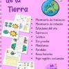 Colorido póster educativo en español titulado "Los Movimientos de la Tierra" con ilustraciones de la Tierra y diagramas orbitales, una lista de temas relacionados e imágenes de hojas de trabajo de muestra sobre fondo morado y rosa.