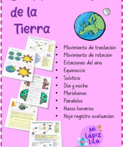Colorido póster educativo en español titulado "Los Movimientos de la Tierra" con ilustraciones de la Tierra y diagramas orbitales, una lista de temas relacionados e imágenes de hojas de trabajo de muestra sobre fondo morado y rosa.