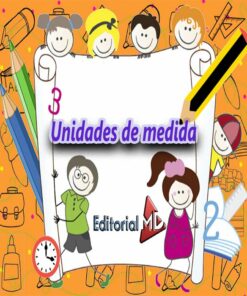 Colorida portada educativa de Unidades de Medida con dibujos animados de niños, útiles escolares como lápices y reglas, y vibrantes gráficos de fondo con un reloj y una mochila.