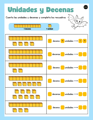 Una hoja de trabajo educativa titulada "Unidades y Decenas" con una ilustración de un murciélago. Incluye diagramas de bloques que representan decenas y unidades. Se les pide a los estudiantes que cuenten y completen los recuadros en blanco con los números correctos.