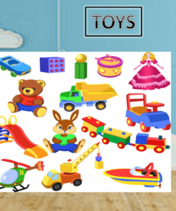 Recurso de clase: Juguetes esparcidos por el suelo, incluido un osito de peluche, vehículos de juguete, muñecos y un helicóptero de juguete, con un cartel que dice 