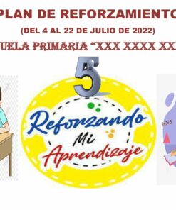 Esta imagen es un volante para un Plan de Reforzamiento QUINTO de Primaria (04 a 22 de julio de 2022) en una escuela primaria sin nombre. Presenta un logo central con 
